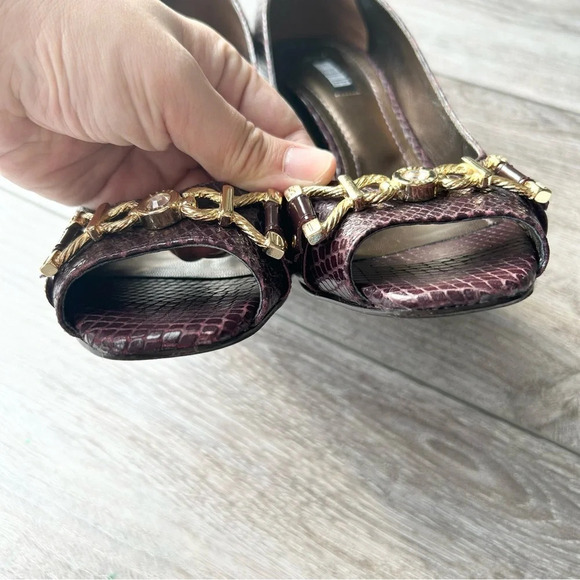 Santa Lolla Wine Snakeskin Embossed Leather Open Toe Pumps - Picture 4 of 12